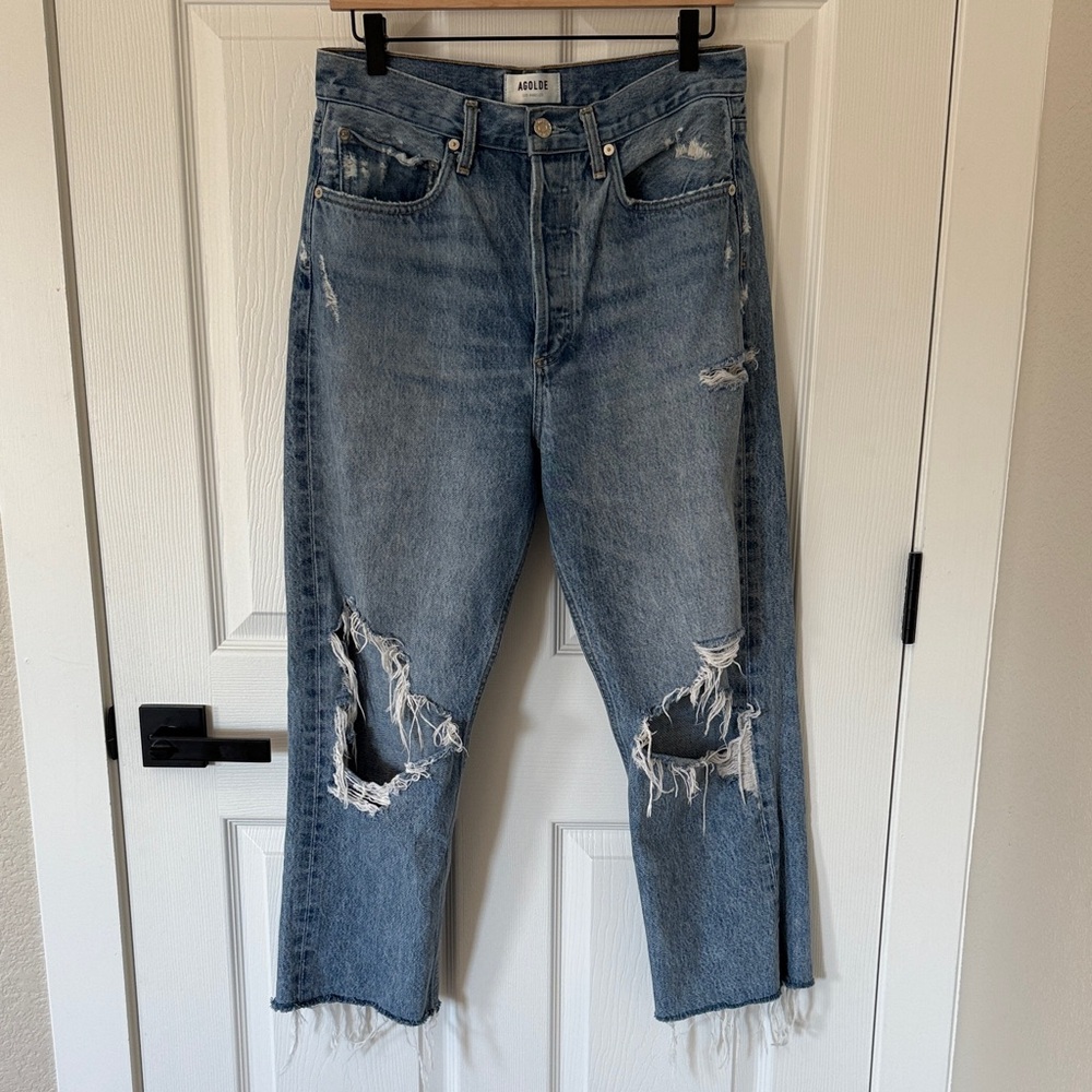 Agolde 90’s Mid Rise Loose fit Women's Distressed Blue Straight Jeans